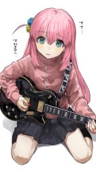 Rule 34 | 1girl, absurdres, blue eyes, bocchi the rock!, electric guitar, gotoh hitori, guitar, hair between eyes, hair ornament, highres, holding, holding instrument, instrument, jacket, long hair, looking at viewer, nervous, open mouth, pink hair, pink jacket, seiza, sidelocks, simple background, sitting, skirt, solo, sweatdrop, tachibana wataru (123tsuki), translation request, white background