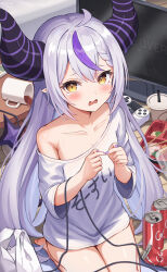 Rule 34 | 1girl, ahoge, bag, blush, breasts, can, collarbone, controller, cup, disposable cup, drink can, fingernails, game controller, grey hair, grocery bag, hair between eyes, highres, hololive, horns, la+ darknesss, long hair, looking at viewer, messy room, monitor, mug, nail polish, naked shirt, off-shoulder shirt, off shoulder, oridays, petite, pointy ears, purple hair, seiza, shirt, shopping bag, sidelocks, signature, sitting, small breasts, soda can, solo, spill, tail, takeout container, tearing up, very long hair, virtual youtuber