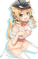 Rule 34 | 1girl, anchor hair ornament, animal ear fluff, animal ear legwear, animal ears, aqua eyes, bell, black hat, blonde hair, blush, bra, breasts, cat cutout, cat ear legwear, cat ear panties, cat ears, cat girl, cat lingerie, cat tail, choker, cleavage, cleavage cutout, clothing cutout, fang, hair between eyes, hair ornament, hat, inuzumi masaki, jingle bell, kantai collection, kemonomimi mode, large breasts, lingerie, long hair, looking at viewer, meme attire, navel, neck bell, open mouth, panties, paw pose, paw print, peaked cap, prinz eugen (kancolle), side-tie panties, simple background, sitting, smile, solo, tail, thighhighs, twintails, underwear, underwear only, wariza, white background, white thighhighs