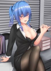 Rule 34 | 1girl, ahoge, arm support, azur lane, binder, black pantyhose, black skirt, blue hair, blush, breasts, chair, cleavage, handjob gesture, highres, huge breasts, indoors, knee up, long sleeves, looking at viewer, motion lines, office lady, open mouth, out of character, pantyhose, papers, pencil skirt, pink eyes, ponytail, silver bullet (ecc12 8), sitting, skirt, sleeve rolled up, solo, st. louis (azur lane), table, tongue, tongue out