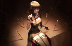Rule 34 | 1girl, absurdres, black dress, black gloves, black hair, black thighhighs, blood, bloody weapon, breasts, cleavage, closed mouth, dagger, dress, fingerless gloves, flower, gloves, gold hairband, hair flower, hair ornament, hairband, highres, holding, holding dagger, holding knife, holding weapon, knife, large breasts, long hair, mmlyno, planted, planted knife, planted weapon, raised eyebrows, red eyes, rose, sidelocks, sitting, solo, spikes, spy x family, thighhighs, two-sided dress, two-sided fabric, weapon, wire, yor briar