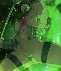 Rule 34 | 1boy, abs, astaroth (soulcalibur), aura, bad id, bad tumblr id, bald, bara, bare pectorals, between pectorals, erection, feet out of frame, from below, glowing, gluteal fold, harness, highres, holding, holding polearm, holding weapon, large pectorals, male focus, mugheyart, muscular, muscular male, nipples, no pupils, nude, pectorals, penis, polearm, precum, solo, soul calibur, stomach, thick thighs, thighs, uncensored, weapon