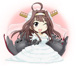 Rule 34 | 10s, 1girl, ;), ahoge, akiran (r32), bare shoulders, bridal veil, brown hair, cannon, chibi, dress, elbow gloves, gloves, hairband, huge ahoge, jewelry, kantai collection, kongou (kancolle), long hair, mecha musume, necklace, one eye closed, outstretched hand, pearl necklace, smile, solo, strapless, strapless dress, veil, wedding dress, white gloves