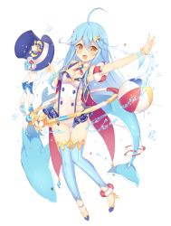 Rule 34 | 1girl, ball, beachball, blue hair, blue hat, blue thighhighs, bracelet, cetacean tail, choker, copyright request, dolphin, dolphin hair ornament, fins, fish tail, full body, hair between eyes, hat, high heels, highres, holding, holding clothes, holding hat, hoop, hula hoop, jewelry, light blue hair, long hair, looking at viewer, open mouth, orange eyes, rento (rukeai), simple background, smile, solo, swimsuit, tail, thighhighs, top hat, unworn hat, unworn headwear, water, white background