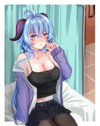 Rule 34 | 1girl, absurdres, ahoge, alternate costume, bad id, bad pixiv id, black camisole, black shirt, blue hair, breasts, brown pantyhose, camisole, casual, chaum, cleavage, clenched hands, collarbone, commentary request, contemporary, cowboy shot, curled horns, ganyu (genshin impact), genshin impact, goat horns, hair between eyes, highres, hood, hoodie, horns, indoors, long hair, long sleeves, looking at viewer, low ponytail, medium breasts, midriff, miniskirt, multicolored eyes, off shoulder, pantyhose, pleated skirt, purple eyes, shirt, sidelocks, sitting, skirt, sleeves past wrists, solo, spaghetti strap