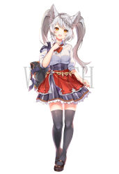 Rule 34 | 1girl, :d, animal ears, bag, black thighhighs, blush, braid, breasts, brown footwear, collared shirt, commentary request, erune, fraux, full body, granblue fantasy, grey hair, grey skirt, hand up, highres, long hair, looking at viewer, open mouth, orange eyes, pilokey, pleated skirt, puffy short sleeves, puffy sleeves, school uniform, shirt, shoes, short sleeves, simple background, skirt, small breasts, smile, solo, standing, striped clothes, striped skirt, teeth, thighhighs, twintails, upper teeth only, vertical-striped clothes, vertical-striped skirt, very long hair, watermark, white background, white shirt