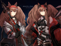 Rule 34 | 2girls, angelina (arknights), angelina (distinguished visitor) (arknights), animal ears, arknights, artist name, bare shoulders, belt, black choker, black gloves, blue sealad, brown hair, character name, choker, commentary, dual persona, fox ears, gloves, hair between eyes, hairband, highres, holding, holding staff, jacket, long hair, long sleeves, looking at viewer, multiple girls, off shoulder, official alternate costume, open clothes, open jacket, red eyes, red hairband, smile, staff, twintails, very long hair, white belt, white jacket