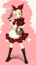 Rule 34 | 1girl, apron, bad id, bad pixiv id, basket, blonde hair, boots, capelet, clover4th, cosplay, cross-laced footwear, explosive, finger on trigger, frills, green eyes, grenade, grimm&#039;s fairy tales, gun, hair ribbon, handgun, holding, holding gun, holding weapon, hood, kagamine len, kagamine rin, knee boots, lace-up boots, little red riding hood, little red riding hood (grimm), little red riding hood (grimm) (cosplay), nyanya, revolver, ribbon, short hair, siblings, skirt, smile, smoke, solo, standing, twins, vocaloid, weapon, x x