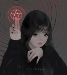 Rule 34 | 1girl, aoi ogata, arm up, artist name, black eyes, black hair, black nails, black shirt, commentary, english commentary, eyebrows hidden by hair, fingernails, grey background, hand up, highres, lips, long hair, long sleeves, looking at viewer, nail polish, original, parted lips, pentagram, shirt, sleeves past wrists, solo, upper body