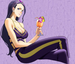 Rule 34 | 1girl, absurdres, asymmetrical bangs, asymmetrical hair, black hair, blue eyes, breasts, camisole, cleavage, closed mouth, commentary, cowboy shot, cropped legs, crossed legs, cup, drink, drinking glass, drinking straw, eyelashes, eyewear on head, flower in drink, gold trim, hair pulled back, highres, holding, holding cup, lips, long hair, looking at viewer, medium breasts, moruga, nico robin, official alternate costume, one piece, one piece: stampede, pants, purple background, purple camisole, purple pants, simple background, sitting, sleeveless, smile, solo, spaghetti strap, straight hair, sunglasses, tinted eyewear, wine glass