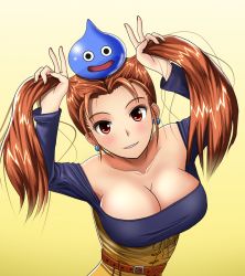 Rule 34 | 1girl, bare shoulders, blush, breasts, brown hair, bunching hair, cleavage, collarbone, double v, dragon quest, dragon quest viii, dress, earrings, inuyasha (43884322), jessica albert, jewelry, large breasts, red eyes, slime (dragon quest), smile, twintails, v