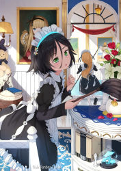 Rule 34 | 2girls, apron, artist name, black dress, black footwear, black hair, blonde hair, book, chess piece, collared dress, commentary request, dress, duster, facing away, flower, frilled apron, frilled dress, frills, glowing, green eyes, hair between eyes, highres, holding, indoors, juliet sleeves, lantern, liclac, long hair, long sleeves, maid, maid apron, maid headdress, mop, multiple girls, mushroom, neon trim, original, painting (object), pantyhose, pocket watch, puffy sleeves, red flower, red rose, roman numeral, rose, shoe soles, shoes, short hair, stuffed animal, stuffed toy, teddy bear, vase, very long hair, watch, white apron, white flower, white legwear