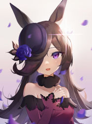 Rule 34 | 1girl, absurdres, animal ears, bare shoulders, black neckwear, blurry, blurry foreground, brown hair, collarbone, crying, crying with eyes open, diffraction spikes, dress, eyes visible through hair, flower, hair over one eye, hat, hat flower, highres, horse ears, lmonster guai, long hair, off shoulder, open mouth, petals, purple dress, purple eyes, purple flower, purple hat, purple rose, rice shower (umamusume), rose, smile, solo, tears, umamusume, upper body
