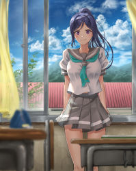 Rule 34 | 10s, 1girl, aqua neckerchief, arms at sides, blue hair, blurry, breasts, classroom, cloud, cloudy sky, commentary request, curtains, day, depth of field, desk, grey skirt, high ponytail, highres, indoors, k ryo, large breasts, legs apart, long hair, looking at viewer, love live!, love live! sunshine!!, matsuura kanan, midriff peek, neckerchief, pleated skirt, ponytail, purple eyes, revision, school, school desk, school uniform, serafuku, shirt, short sleeves, skirt, sky, smile, solo, standing, thigh gap, tie clip, wallet, white shirt, window