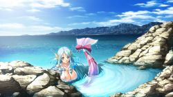 Rule 34 | 10s, 1girl, :o, aqua eyes, aqua hair, areola slip, bare shoulders, blue eyes, blue hair, blush, bow, breasts, center opening, cleavage, cloud, collarbone, covered erect nipples, day, drill hair, fins, game cg, head fins, kyonyuu fantasy, kyonyuu fantasy 2, large breasts, long hair, looking at viewer, lorelia (kyonyuu fantasy), matching hair/eyes, mermaid, mizoro tadashi, monster girl, mountain, no bra, ocean, open mouth, outdoors, partially submerged, ribbon, rock, roreria (kyonyuu fantasy 2), sidelocks, sky, solo, sparkle, swept bangs, tail, tail bow, tail ornament, tail ribbon, two side up, very long hair, water, wet
