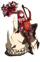 Rule 34 | absurdres, armpits, blood, blood stain, breasts, cleavage, collarbone, crimson avenger (elsword), elesis (elsword), elsword, glowing, highres, long hair, red hair, sitting, skull, smile, sword, weapon, white background, yellow eyes, zetsuei (zetto)