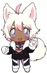 Rule 34 | 1boy, ahoge, animal collar, animal ears, animal hands, black bodysuit, black jacket, black pants, black shorts, blue eyes, bodysuit, borrowed character, chest harness, chibi, collar, colored inner hair, colored tips, dark-skinned male, dark skin, dog boy, dog ears, dog tail, fang, full body, fur-trimmed jacket, fur-trimmed pants, fur-trimmed sleeves, fur collar, fur trim, gloves, gradient eyes, hair between eyes, harness, jacket, lapithai, long sleeves, looking at viewer, lowres, male focus, multicolored eyes, multicolored hair, open mouth, original, pants, paw gloves, paw shoes, pink eyes, pink hair, red collar, short eyebrows, short hair, shorts, simple background, solo, standing, tail, transparent background, v, white gloves, white hair