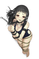 Rule 34 | 00s, 1girl, barefoot, bdsm, black hair, blush, bondage, bound, chain, chain leash, collar, happy, highres, leash, nail polish, nakabayashi reimei, one-piece swimsuit, red eyes, rope, rosario+vampire, school swimsuit, slave, smile, solo, strap, swimsuit, toujou ruby, viewer holding leash