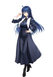 Rule 34 | 1girl, absurdres, ahoge, alternate hair length, alternate hairstyle, black dress, black footwear, blue-framed eyewear, blue eyes, blue hair, boots, breasts, ciel (tsukihime), closed mouth, commentary request, cross, cross necklace, dress, full body, glasses, habit, hair between eyes, hand on own hip, high heel boots, high heels, highres, jewelry, large breasts, latin cross, long hair, long sleeves, looking at viewer, mixed-language commentary, necklace, nun, smile, solo, standing, tachi-e, tk31, transparent background, tsukihime, tsukihime (remake)
