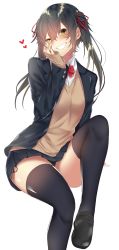 Rule 34 | 1girl, black footwear, black panties, black thighhighs, blazer, blue jacket, blue skirt, bow, bowtie, cardigan, collared shirt, green eyes, green hair, grin, hair ribbon, half-closed eye, hand on own face, heart, highres, jacket, knee up, loafers, long sleeves, onineko-chan, open clothes, open jacket, original, panties, pleated skirt, red bow, red bowtie, red ribbon, ribbon, school uniform, shirt, shoes, side-tie panties, side-tie peek, sidelocks, simple background, sitting, skindentation, skirt, sleeves past wrists, smile, solo, thighhighs, twintails, underwear, white background, white shirt