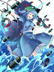 Rule 34 | 1girl, backpack, bag, black gloves, blue eyes, blue hair, crowbar, gloves, hair bobbles, hair ornament, hat, highres, holding, holding crowbar, kawashiro nitori, looking at viewer, matching hair/eyes, mechanical arms, one eye closed, open mouth, revision, rihito (usazukin), shirt, short sleeves, skirt, smile, solo, touhou, twintails, two side up, water