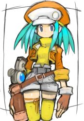 Rule 34 | 1girl, alternate color, blue eyes, breasts, cabbie hat, closed mouth, commentary request, dakusuta, fingerless gloves, gloves, hat, highres, jacket, looking at viewer, mega man (series), mega man legends (series), roll caskett (mega man), shorts, simple background, solo, thighhighs