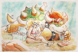 Rule 34 | 1boy, 2girls, ass, bikini, blonde hair, bowser, bracelet, claws, collar, crown, drinking, drinking straw, highres, horns, jewelry, limited palette, mario (series), mini crown, multiple girls, nintendo, princess daisy, princess peach, red hair, sapphicbump, sitting, smile, spiked bracelet, spiked collar, spiked shell, spiked tail, spikes, star-shaped eyewear, star (symbol), super mario bros. 1, super mario land, swimsuit, tail, thick eyebrows