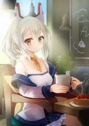 Rule 34 | 1girl, ayanami (azur lane), azur lane, bad id, bad pixiv id, bare shoulders, blue skirt, blush, breasts, brick wall, cafe, cameo, camisole, casual, chair, coffee pot, commentary, couch, cowboy shot, cup, english commentary, food, frilled skirt, frills, fruit, glint, hair between eyes, headgear, high ponytail, highres, holding, holding cup, indoors, jacket, lamp, light rays, long sleeves, looking at viewer, manjirou (manji illust), manjuu (azur lane), medium breasts, morning, mug, neckerchief, off-shoulder jacket, off shoulder, pastry, pillow, plant, plate, platinum blonde hair, ponytail, potted plant, sidelocks, sitting, skirt, smile, solo, sparkle, strawberry, sunbeam, sunlight, table, white camisole, white jacket, window, yellow eyes, yellow neckerchief