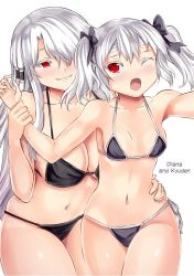Rule 34 | 2girls, arm grab, bandages, bikini, black bikini, black bow, blush, bow, breasts, character name, cowboy shot, diana filion, grin, hair bow, half-closed eye, hand on another&#039;s hip, kyuuden orgren, large breasts, legs together, long hair, looking at another, looking back, multiple girls, official art, one eye closed, petite, red eyes, restrained, short hair, simple background, small breasts, smile, standing, swimsuit, thick thighs, thighs, twintails, white background, white hair, yuusha ga shinda!