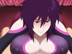 Rule 34 | 10s, 1girl, 4st injection, bed, blush, breast press, breasts, cleavage, cleavage cutout, clothed female nude male, clothing cutout, covered erect nipples, detached collar, indoors, kneeling, large breasts, liebert, long sleeves, looking at viewer, majin bone, nipples, nude, pov, purple hair, red eyes, see-through, short hair, solo focus