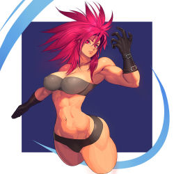 Rule 34 | 1girl, abs, alternate hairstyle, armpits, biceps, big hair, bikini, bikini bottom only, breasts, cleavage, covered erect nipples, cropped legs, gloves, hair between eyes, hand up, highres, impossible clothes, large breasts, leona heidern, long hair, messy hair, muscular, muscular female, ogami, pink eyes, pink hair, snk, solo, swimsuit, the king of fighters