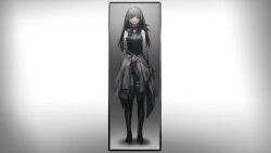 Rule 34 | 1girl, armband, bandana, bandana around neck, barefoot, black bandana, black hair, boots, breasts, brown eyes, brown hair, clothes around waist, dress, full body, game cg, girls&#039; frontline, green armband, green hair, green sweater, grey hair, infukun, jacket, jacket around waist, long hair, m4a1 (girls&#039; frontline), mask, medium breasts, mirror, multicolored hair, official art, simple background, skull mask, sleeveless, sleeveless sweater, solo, spoilers, standing, straight-on, streaked hair, sweater, third-party source, walkie-talkie, white dress