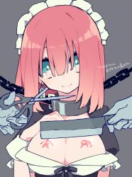Rule 34 | 1girl, bdsm, blue eyes, borrowed character, breasts, chain, cleavage, collar, ear tag, grey background, highres, knife, large breasts, looking at viewer, maid headdress, mochizuki kei, original, pink hair, scissors, simple background, smile, solo focus, takagi (tansuke), torture