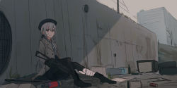Rule 34 | 1girl, bandaged leg, bandages, beret, black footwear, black gloves, black hat, black pantyhose, black ribbon, boots, bottle, brown coat, building, chihuri, coat, collared shirt, cross-laced footwear, day, dress shirt, eve (chihuri), gloves, grey eyes, grey hair, grey shirt, gun, hair between eyes, hair ribbon, hat, high heel boots, high heels, holding, holding gun, holding weapon, lace-up boots, long hair, looking at viewer, open clothes, open coat, original, outdoors, pantyhose, parted lips, ribbon, shirt, sitting, sketch, solo, television, tire, torn clothes, torn pantyhose, very long hair, water bottle, weapon