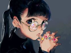 Rule 34 | 1girl, black hair, black shirt, blue eyes, blue nails, blunt bangs, eyelashes, finger to mouth, from side, glasses, grey background, hands up, highres, interlocked fingers, long hair, looking at viewer, multicolored nails, nail polish, original, own hands together, parted lips, pink nails, reflection, round eyewear, shirt, side ponytail, simple background, solo, turtleneck, yellow nails, yoneyama mai