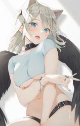 Rule 34 | 1girl, amanagi el, animal ears, belt, between legs, black choker, blouse, blue eyes, blue shirt, bottomless, bracelet, breasts, cat ears, cat girl, choker, convenient censoring, crop top, earrings, extra ears, feathered wings, grey hair, hair ornament, highres, indie virtual youtuber, jewelry, kinako (shiratama mochi), long hair, looking at viewer, medium breasts, navel, open mouth, ring, shirt, short sleeves, solo, stomach, tongue, tongue out, underboob, virtual youtuber, wings