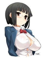 Rule 34 | 1girl, bad id, bad pixiv id, black hair, blunt bangs, blush, bob cut, bow, bowtie, bra, breasts, brown eyes, cleavage, durarara!!, glasses, large breasts, lingerie, popped button, short hair, solo, sonohara anri, sorimura youji, straining buttons, undersized clothes, underwear