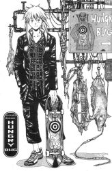 Rule 34 | 1girl, arrow (symbol), contrapposto, dorohedoro, food, hand in pocket, long hair, looking at viewer, meat, nikaidou (dorohedoro), pig, pork, q. hayashida, sign, simple background, skateboard, solo, standing, tagme, white background