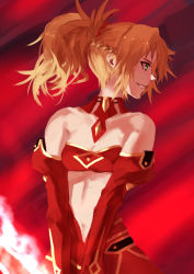 Rule 34 | 1girl, bare shoulders, blonde hair, breasts, clarent (fate), detached collar, detached sleeves, fate/apocrypha, fate/grand order, fate (series), green eyes, kwi (kawaiin), looking to the side, midriff, mordred (fate), mordred (fate/apocrypha), navel, ponytail, red background, red theme, sketch, small breasts, smirk, solo, v arms