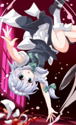 Rule 34 | 1girl, apron, bad id, bad twitter id, black dress, black footwear, blue eyes, blurry, blush, bobby socks, bow, braid, broken, broken cup, checkered floor, cup, depth of field, dress, green bow, green ribbon, highres, indoors, izayoi sakuya, looking at viewer, maid headdress, mary janes, neck ribbon, one-hour drawing challenge, open mouth, puffy short sleeves, puffy sleeves, ribbon, ruu (tksymkw), shoes, short sleeves, silver hair, socks, solo, spill, teacup, touhou, tray, twin braids, upside-down, waist apron, white socks, window