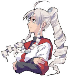Rule 34 | 1girl, ahoge, blush, braid, collar, crossed arms, drill hair, drill ponytail, expressionless, headband, layered sleeves, long sleeves, looking up, lowres, multiple braids, os-tan, ponytail, ringlets, satou atsuki, shirt, sidelocks, silver hair, simple background, solo, upper body, vista-tan, vistake, white background, white shirt