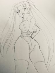 Rule 34 | 1girl, ass, athletic leotard, cropped jacket, from behind, gloves, hands on own hips, jacket, leotard, long hair, looking back, monochrome, namco, nanao futaba, numan athletics, open mouth, sharon les halles, sketch, smile, solo, thighhighs, thighs, traditional media, twintails, very long hair