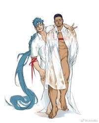 Rule 34 | 2boys, abs, absurdly long hair, bara, beard stubble, blue hair, coat, convenient censoring, dark-skinned male, dark skin, earrings, facial hair, full body, groin, hand on another&#039;s shoulder, jewelry, large pectorals, long hair, male focus, mature male, multiple boys, muscular, muscular male, mustache stubble, musu (littleee treee), naked coat, original, pectorals, see-through, short hair, stubble, thick eyebrows, thighs, v, very long hair, walking, wet, wet clothes, yaoi