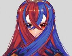 Rule 34 | 1girl, absurdres, alear (female) (fire emblem), alear (fire emblem), blue eyes, blue gloves, blue hair, blush, commentary, fire emblem, fire emblem engage, gloves, grey background, hairband, hands in hair, heterochromia, highres, illust mi, long hair, multicolored hair, nintendo, pulling own hair, red eyes, red hair, symbol-only commentary, two-tone hair