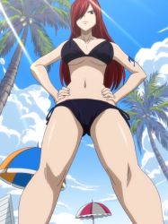 Rule 34 | 1girl, absurdres, bikini, breasts, brown eyes, cleavage, cloud, erza scarlet, fairy tail, female focus, highres, large breasts, long hair, navel, red hair, screencap, solo, stitched, swimsuit, tattoo, third-party edit, underboob
