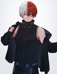 Rule 34 | 1boy, :/, bare shoulders, black jacket, black pants, blue eyes, boku no hero academia, burn scar, closed mouth, commentary request, cowboy shot, grey background, grey eyes, hair between eyes, heterochromia, highres, jacket, long sleeves, looking at viewer, miyanami 3, multicolored hair, open clothes, open jacket, pants, red hair, scar, shirt, short hair, simple background, single bare shoulder, sleeveless, sleeveless shirt, solo, todoroki shouto, two-tone hair, white hair
