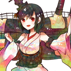 Rule 34 | 10s, 1girl, bad id, bad nicoseiga id, black hair, blush, breasts, cannon, cherry blossoms, detached sleeves, itomugi-kun, japanese clothes, kantai collection, miko, nontraditional miko, open mouth, personification, portrait, red eyes, short hair, skirt, solo, turret, yamashiro (kancolle)