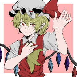 Rule 34 | 1girl, ascot, blonde hair, border, closed mouth, crystal, eyes visible through hair, fe (tetsu), fingernails, flandre scarlet, flat chest, hair between eyes, hand up, hat, hat ribbon, looking at viewer, mob cap, outside border, pink background, pointy ears, puffy short sleeves, puffy sleeves, red eyes, red ribbon, red vest, ribbon, short hair, short sleeves, slit pupils, smile, solo, touhou, upper body, vest, white border, white hat, wing collar, wings, yellow ascot