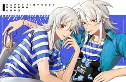 Rule 34 | 2boys, bakura ryou, blue shirt, brown eyes, character name, closed mouth, collared shirt, commentary request, dated, fork, glint, hair between eyes, happy birthday, highres, licking, licking finger, long bangs, long hair, male focus, millennium ring, multiple boys, open clothes, open shirt, osoroshi akumu, red eyes, shirt, short sleeves, sidelocks, sitting, smile, striped clothes, striped shirt, t-shirt, upper body, utensil in mouth, white shirt, yami bakura, yu-gi-oh!, yu-gi-oh! duel monsters
