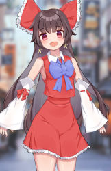 Rule 34 | 1girl, :d, alternate neckwear, amite-faust, bare shoulders, blouse, blue bow, blue bowtie, blunt bangs, blurry, blurry background, blush, bow, bowtie, breasts, brown hair, cowboy shot, detached sleeves, earrings, frilled bow, frills, hair bow, hakurei reimu, head tilt, highres, jewelry, long hair, long sleeves, looking at viewer, open mouth, outdoors, petticoat, pink eyes, red bow, red shirt, red skirt, red vest, shirt, sideboob, skirt, skirt set, sleeveless, sleeveless shirt, sleeves past wrists, small breasts, smile, solo, star (symbol), star earrings, touhou, very long hair, vest, wing collar